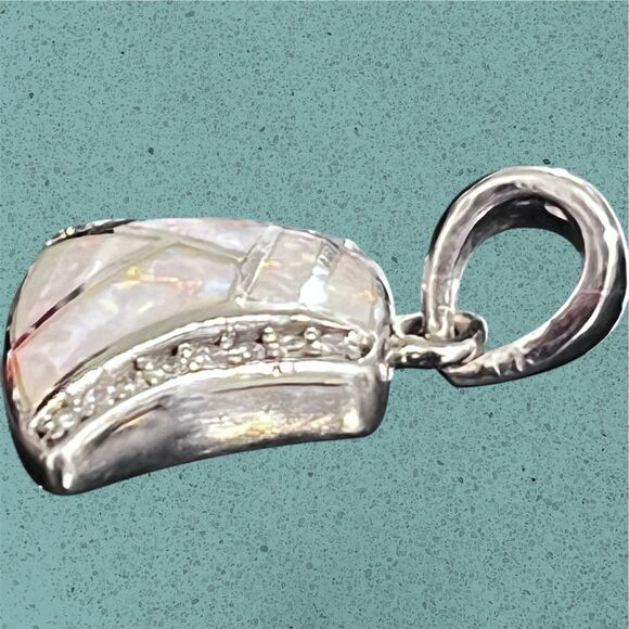 Vtg Sterling Silver AK Pendant Mosaic Lab Opal Inlay CZ Accents Artisan Design - Picture 4 of 9
